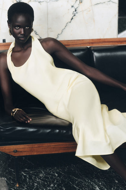 Twisted linen-blend halterneck dress