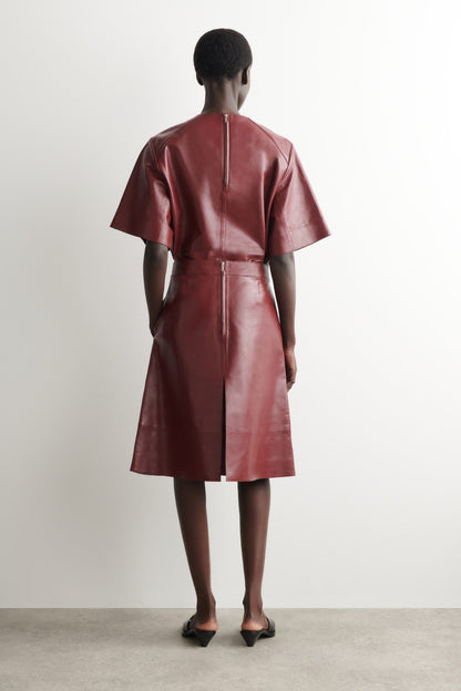 Pleated Textured-Leather Midi Skirt