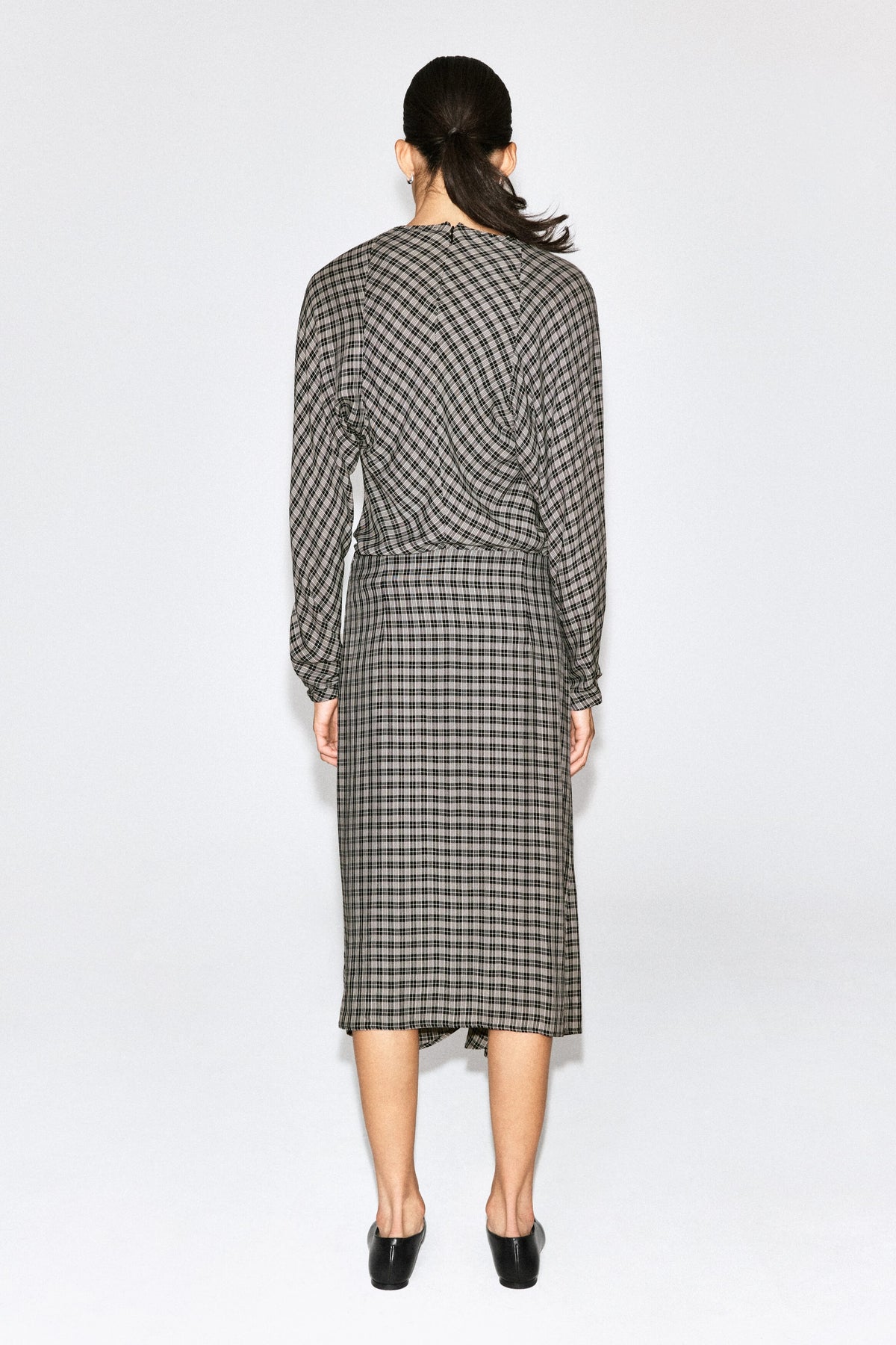 Draped Checked Midi Skirt