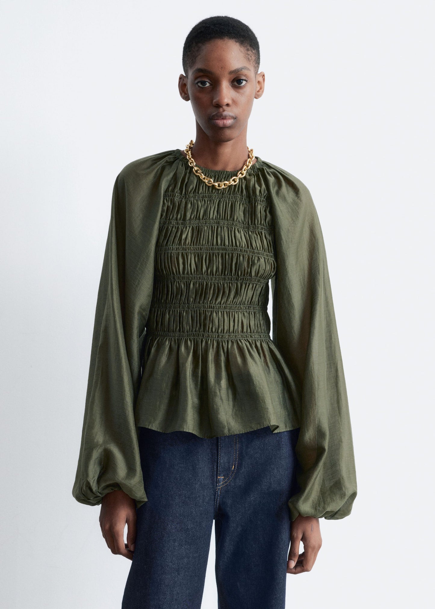 Balloon-sleeve Smocked Blouse