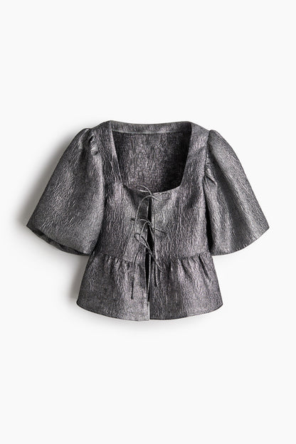 Jacquard-weave tie-front blouse