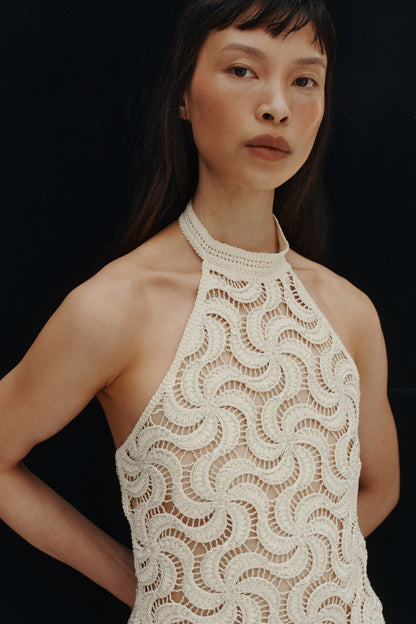Beaded crochet-look halterneck top