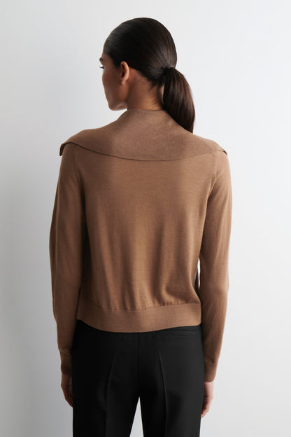 Layered merino wool high-neck cardigan
