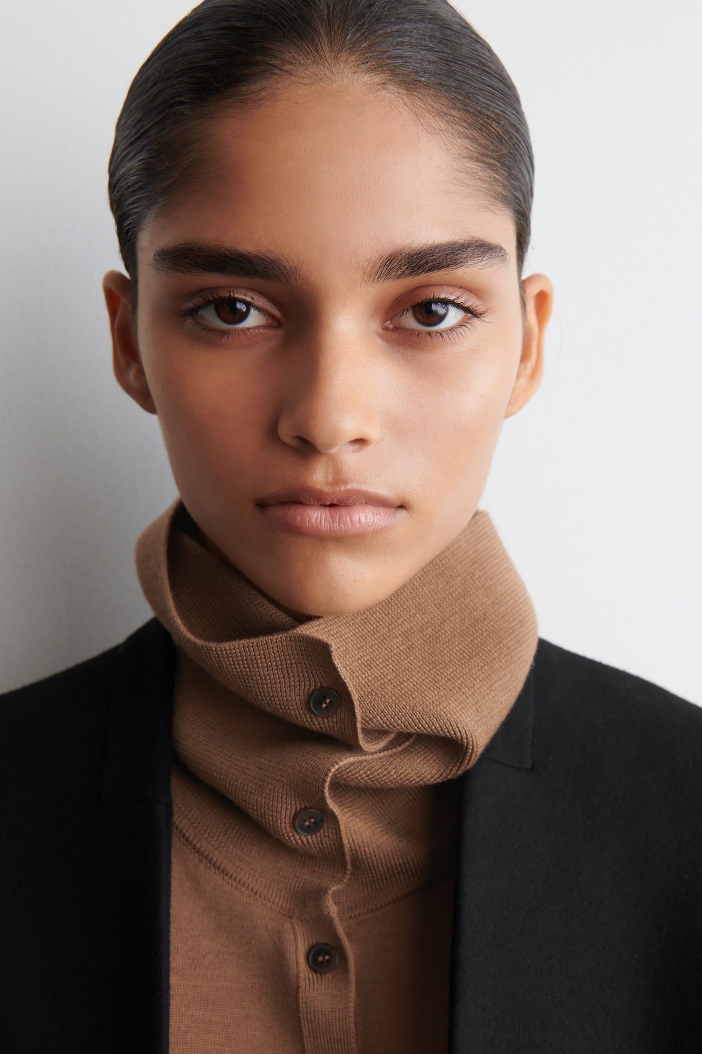 Layered merino wool high-neck cardigan