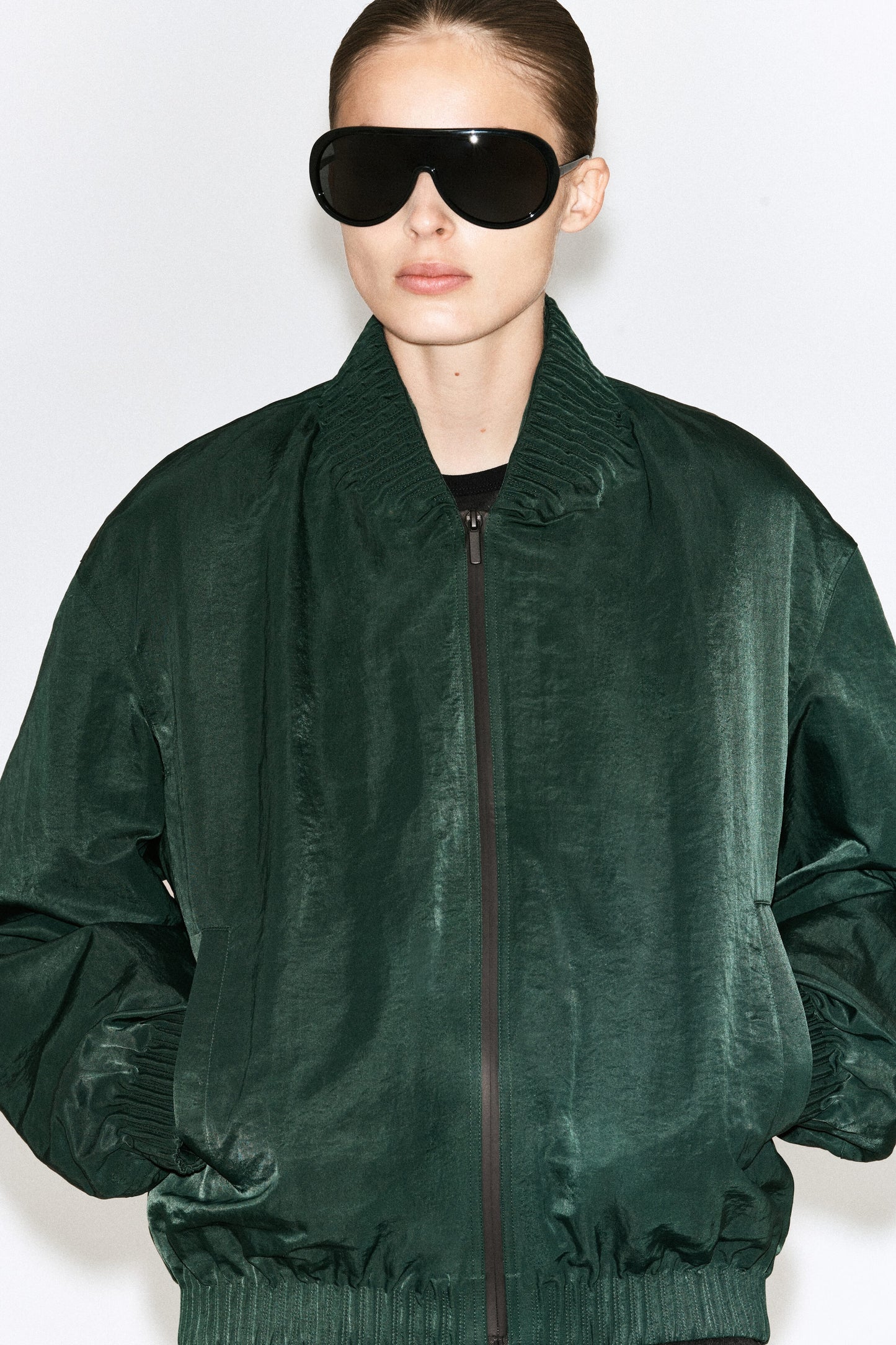 Gathered nylon bomber jacket