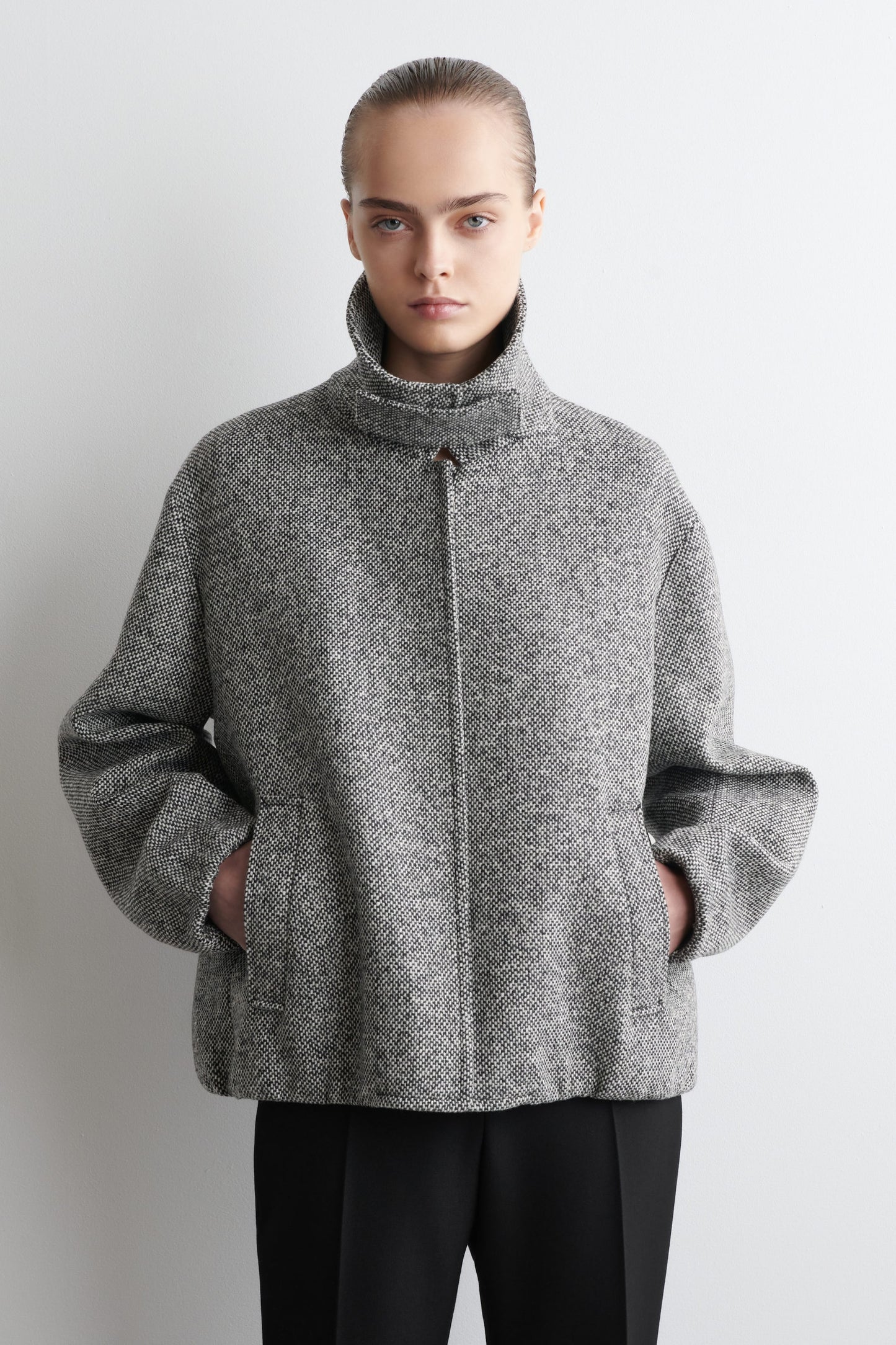Wool-Tweed Funnel-Neck Jacket