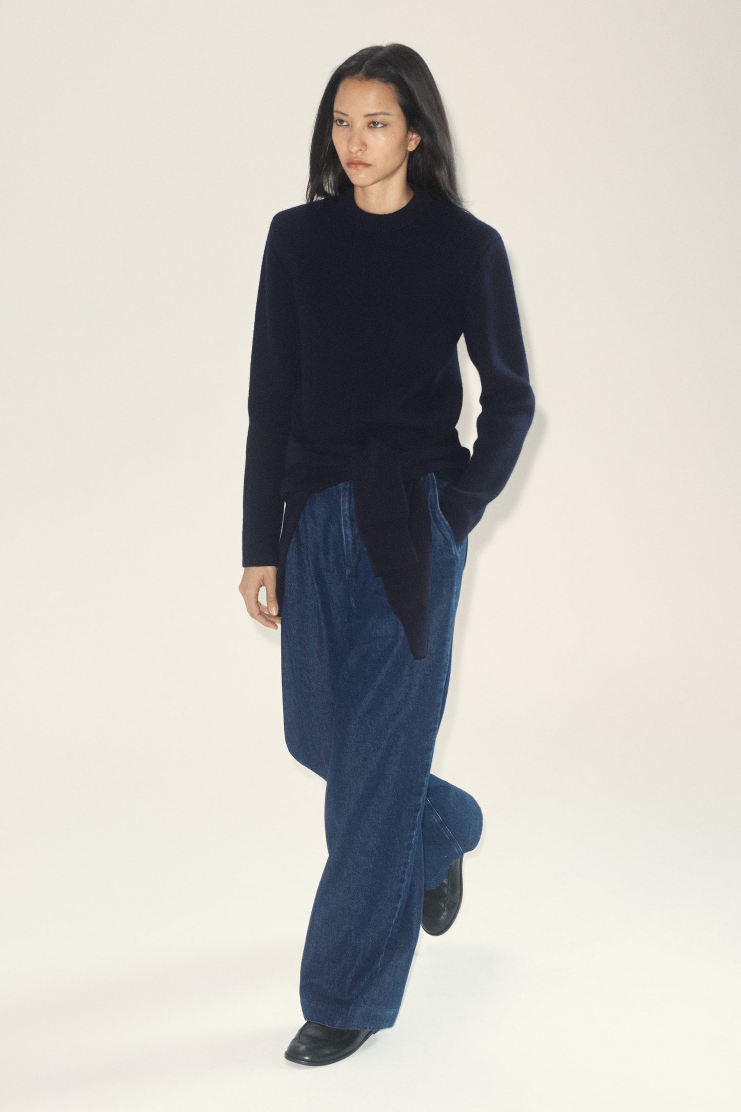 Pleated Wide-Leg Denim Trousers