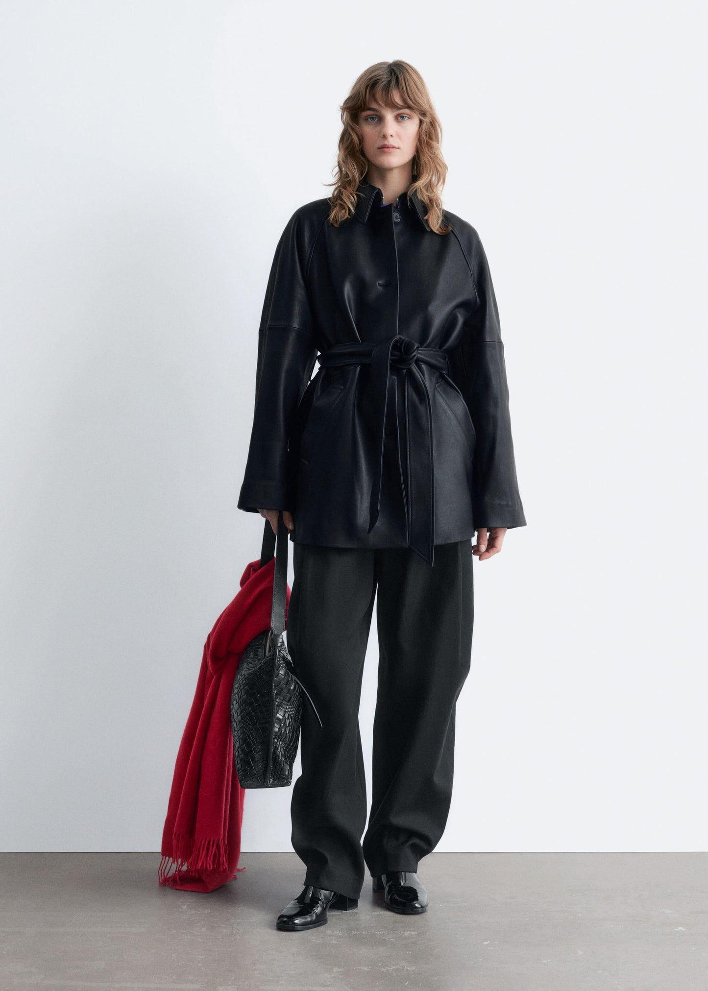 Tie-Belt Leather Coat