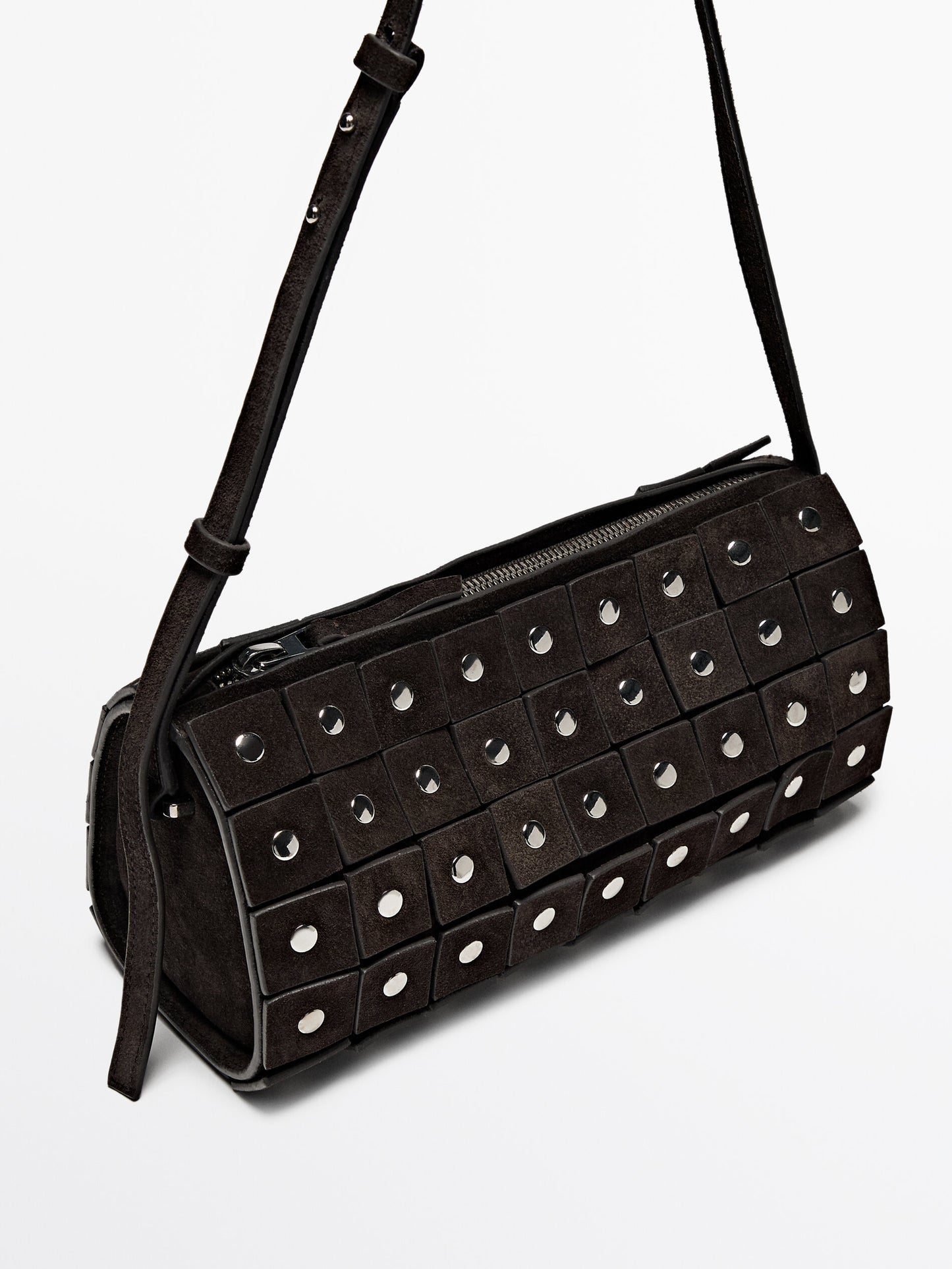 Studded split suede barrel bag