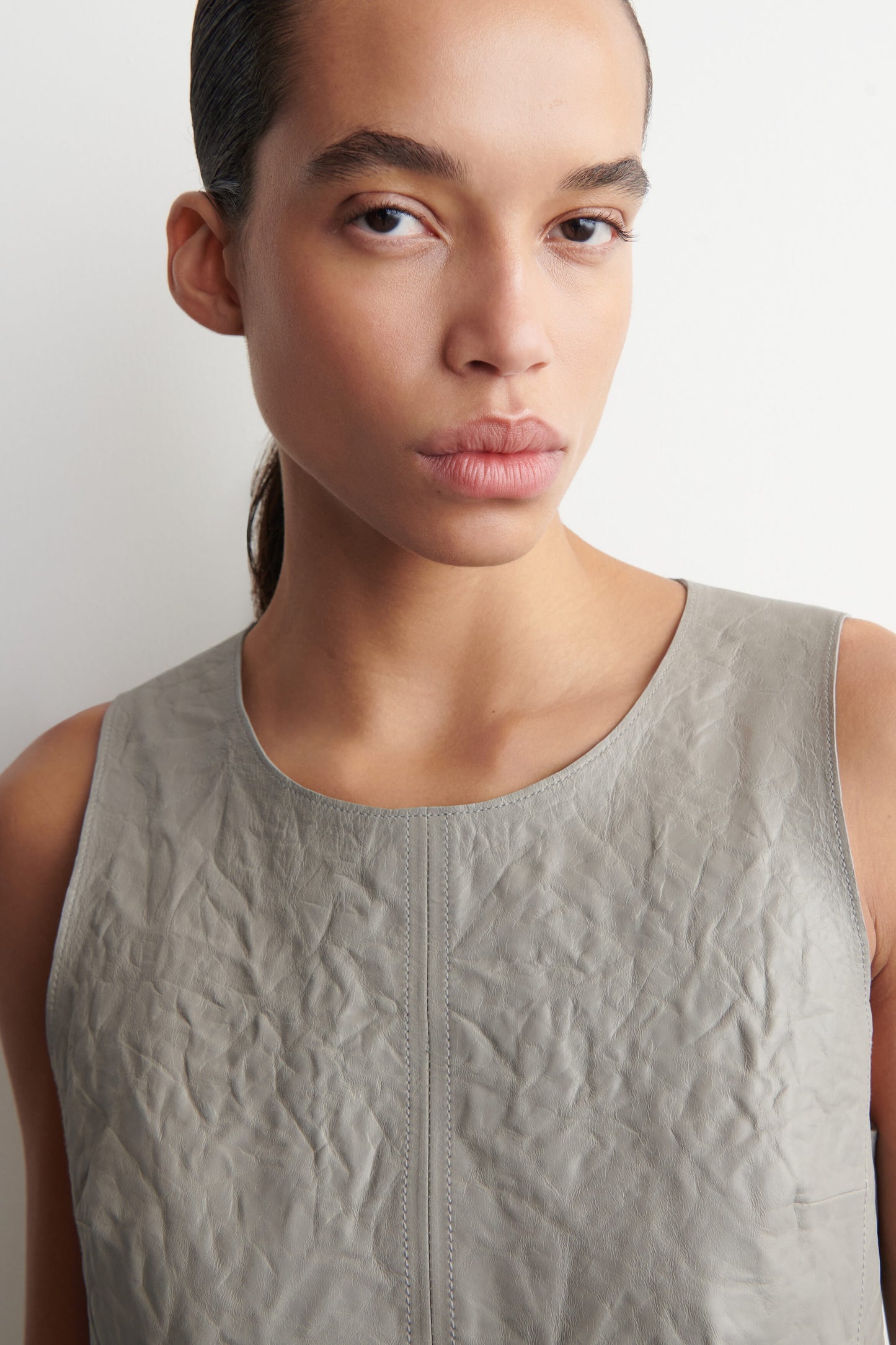 Textured-Leather Shift Dress