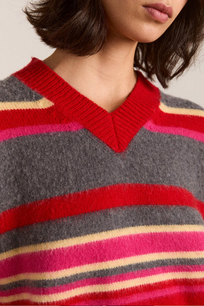 Rene Merino Wool V Jumper Pink/Red Stripe