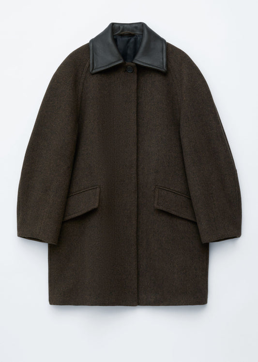 Oversized Leather-Collar Wool Coat
