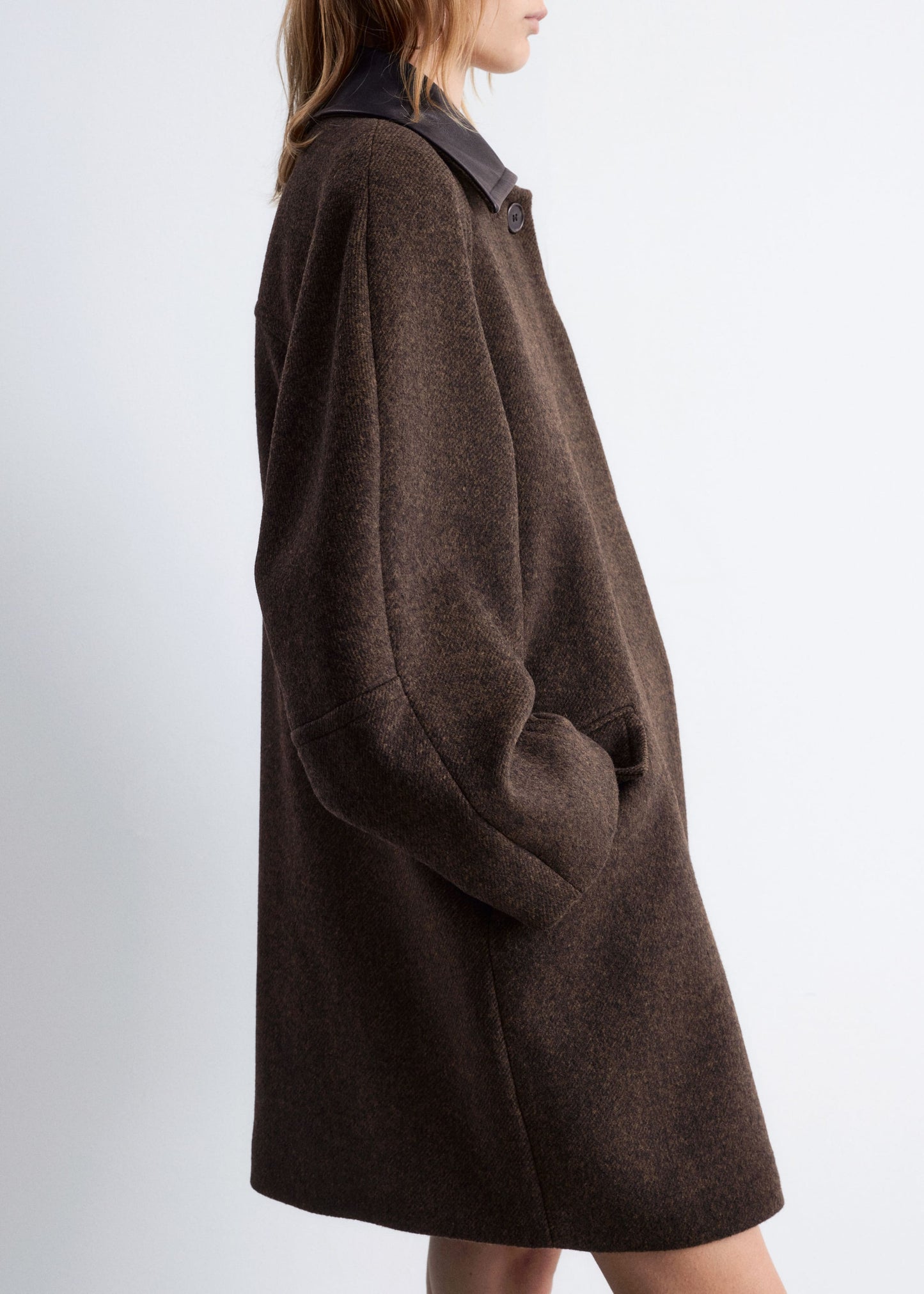 Oversized Leather-Collar Wool Coat