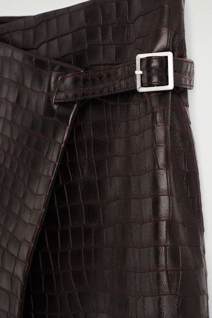 Croc-Effect Leather Wrap Skirt