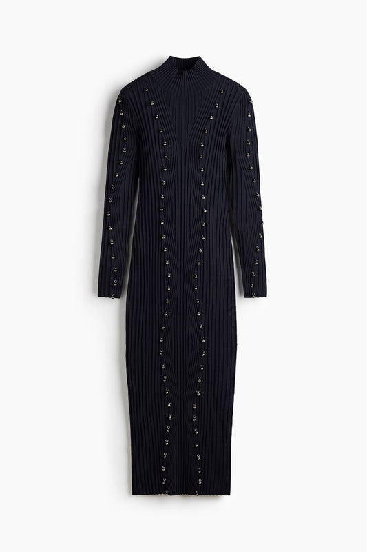 Bead-embellished rib-knit dress