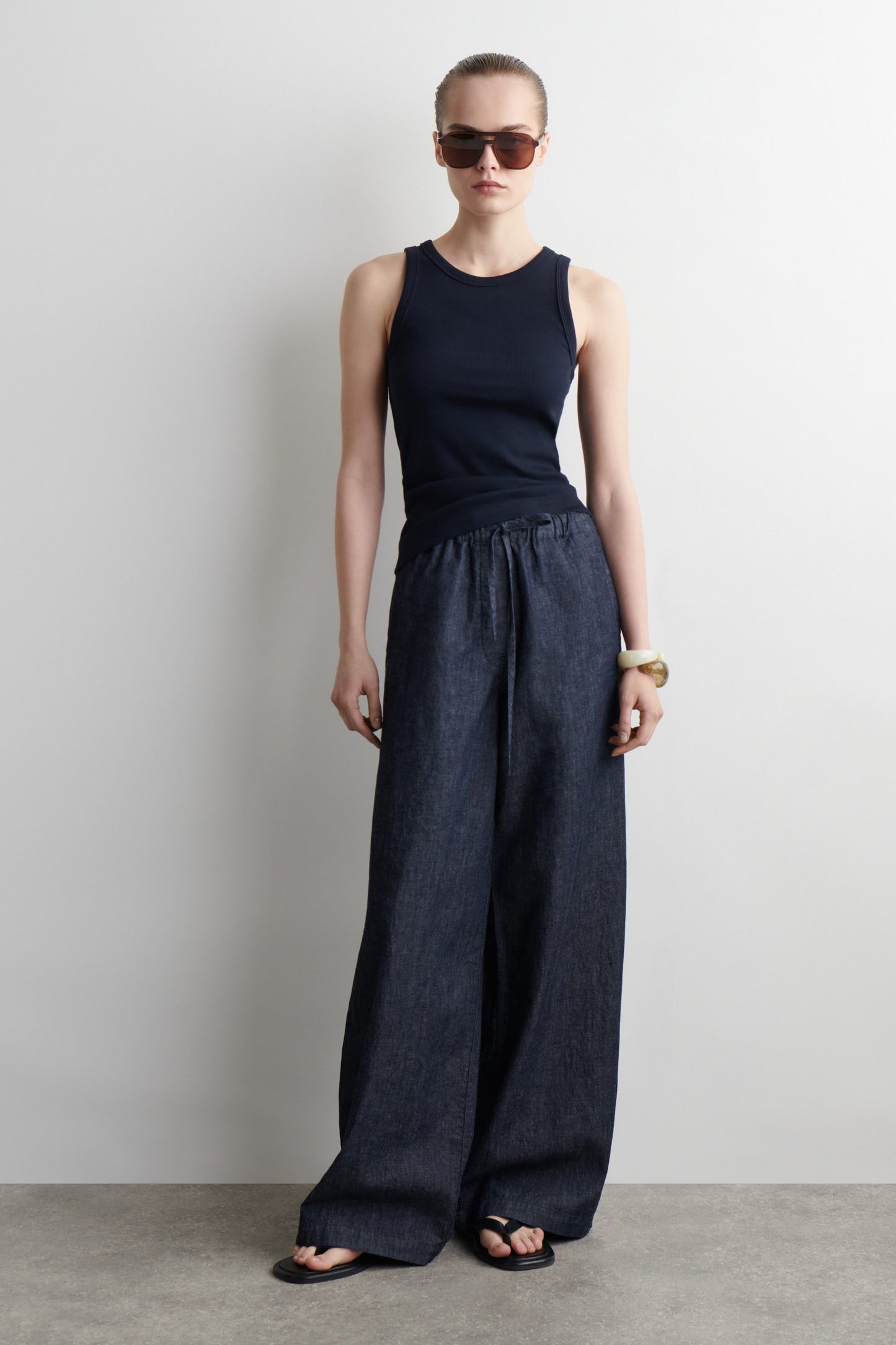 Denim wide-leg drawstring trousers