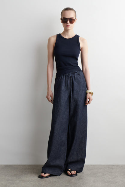 Denim wide-leg drawstring trousers