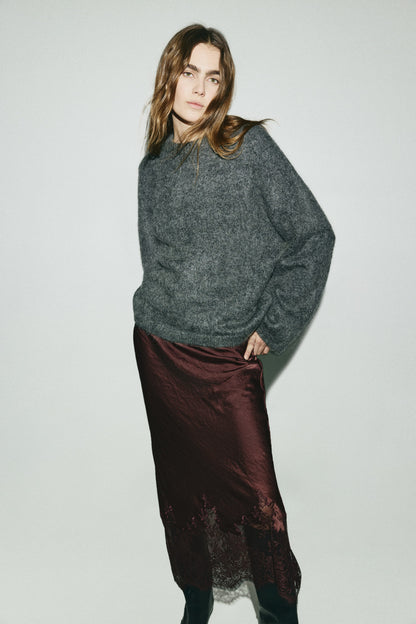 Lace-trimmed satin skirt