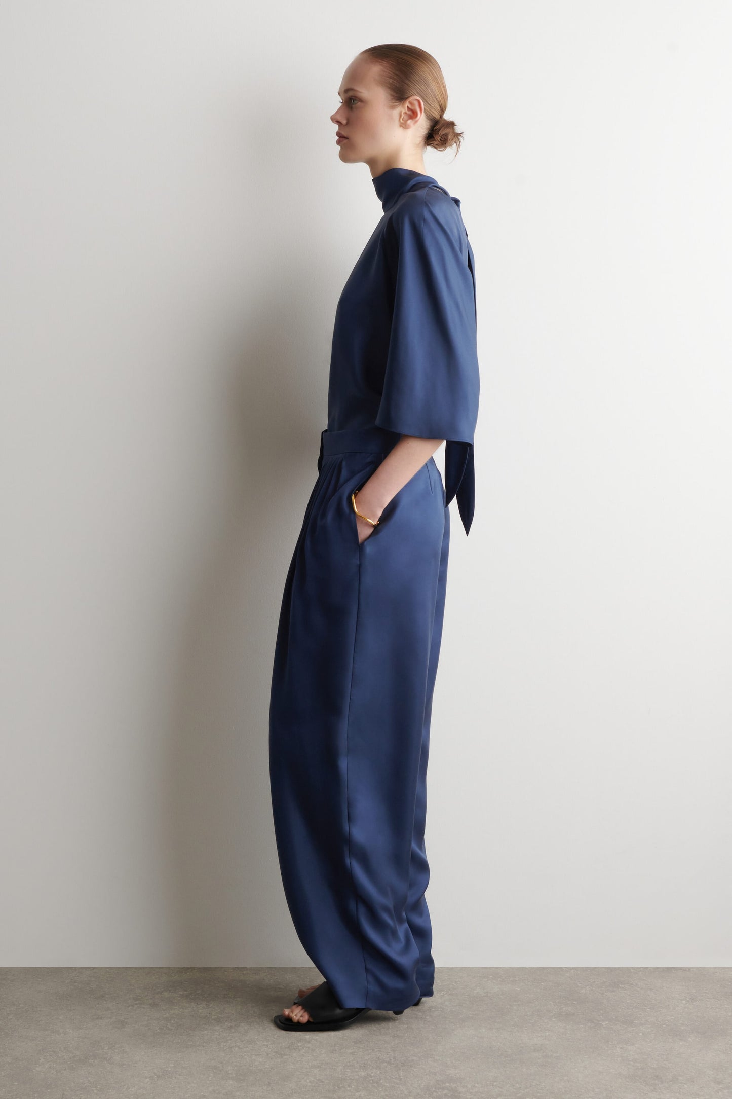 Draped Pleated Silk Straight-Leg Trousers