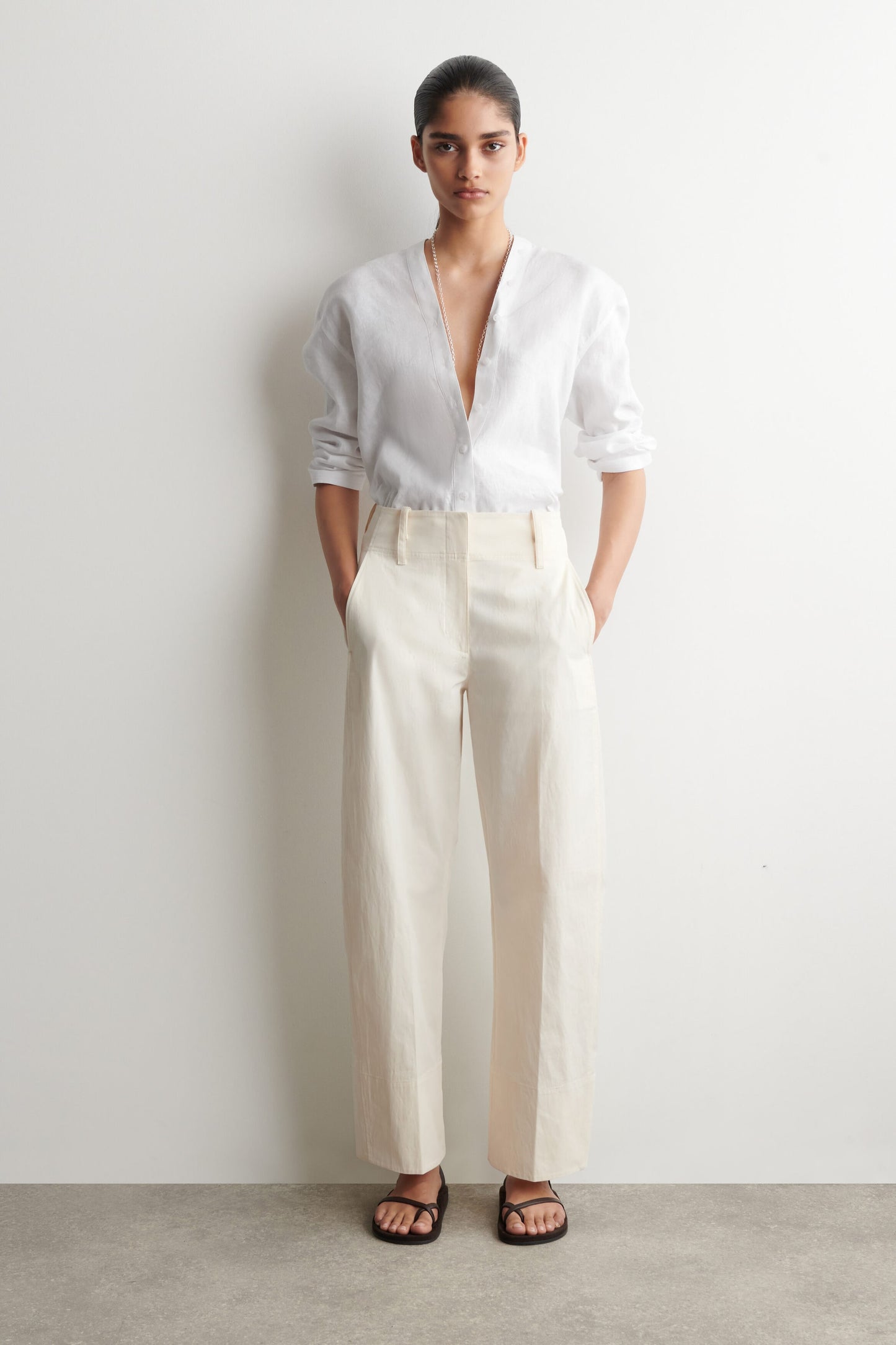 Button-Detail Linen V-Neck Shirt