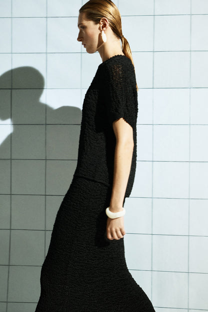 Textured Open-Knit Midi Skirt