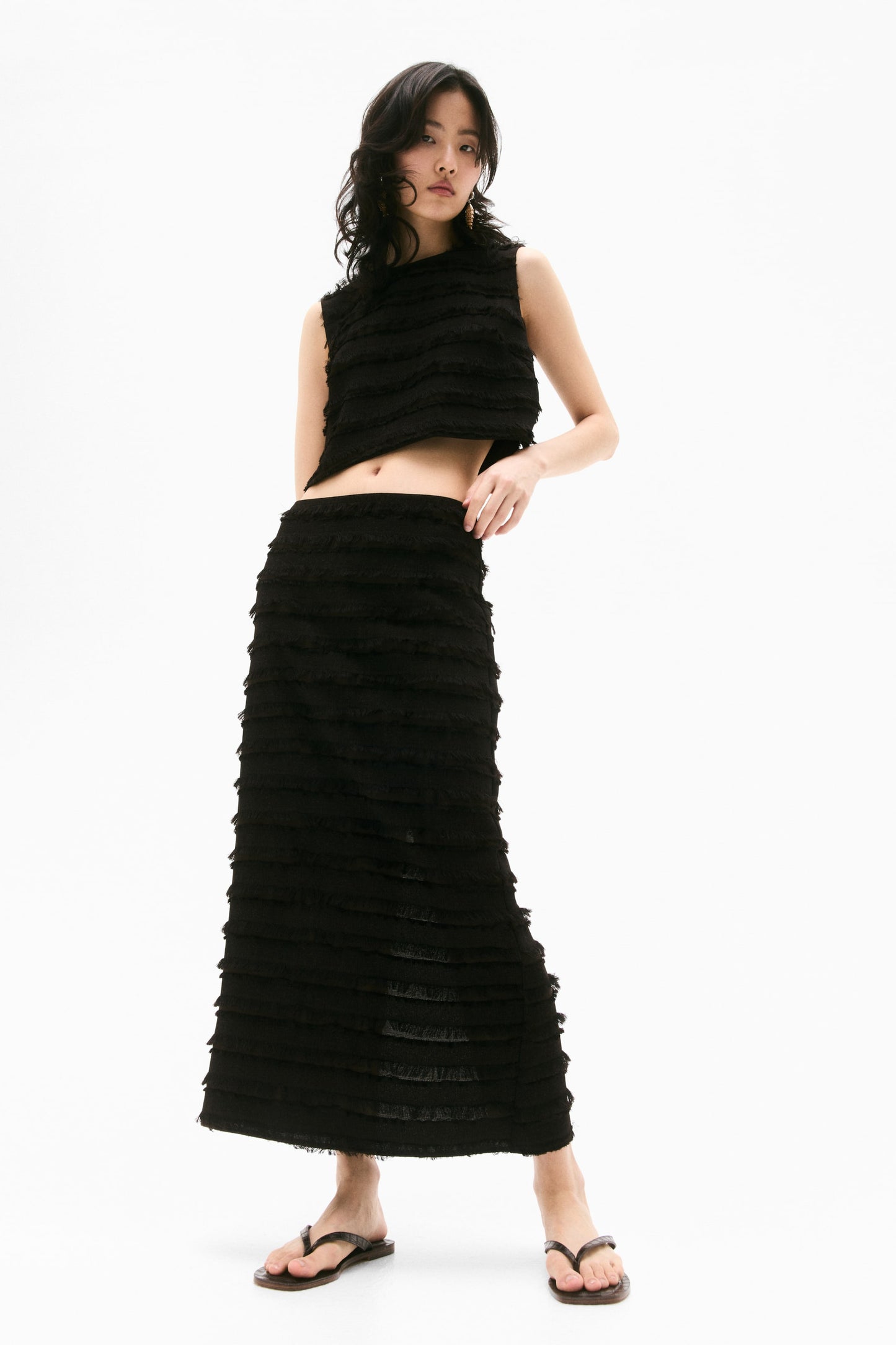 Fringe-trimmed midi skirt
