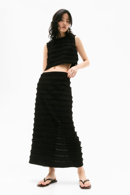 Fringe-trimmed midi skirt