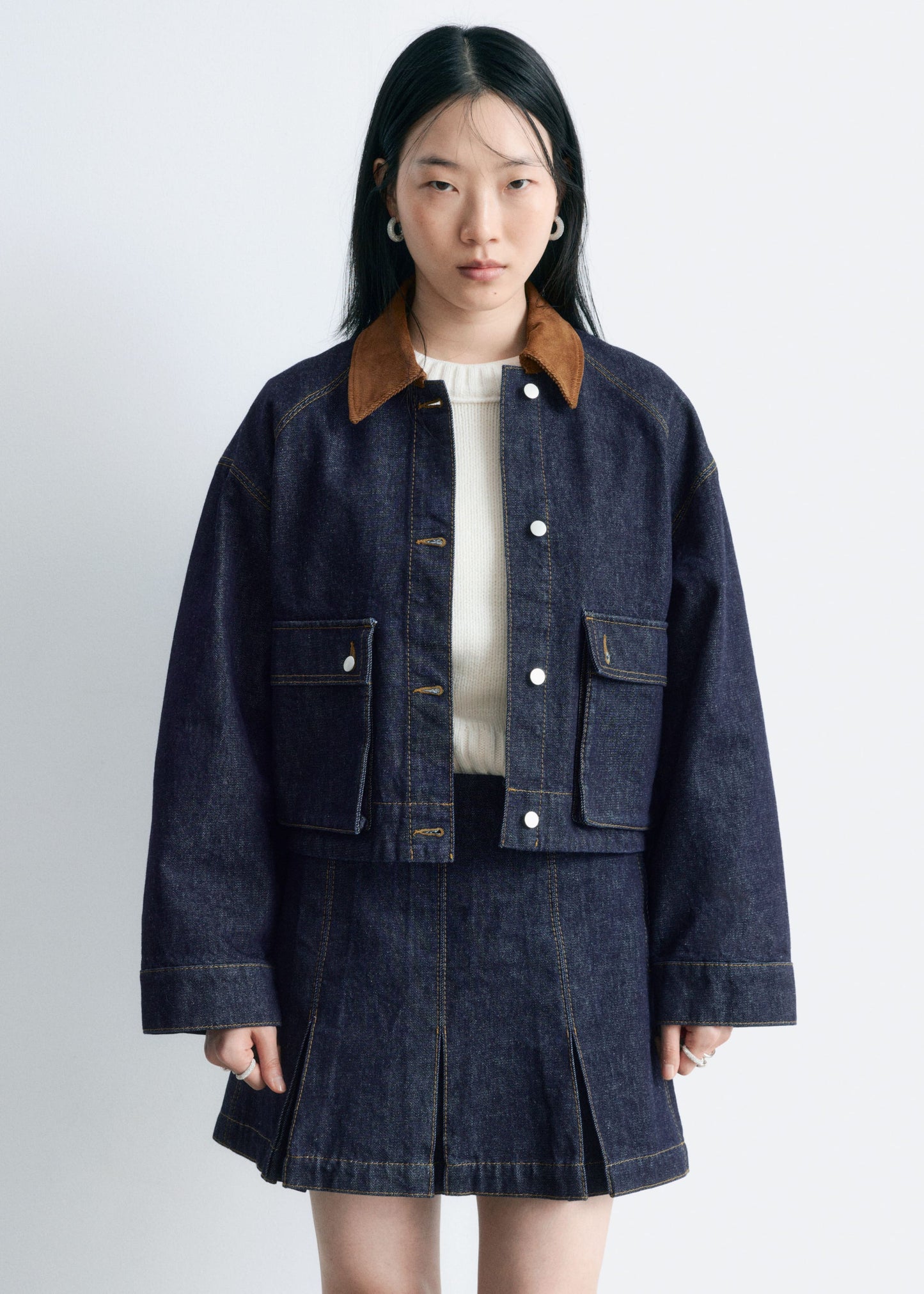 Short Cord-Collar Denim Jacket