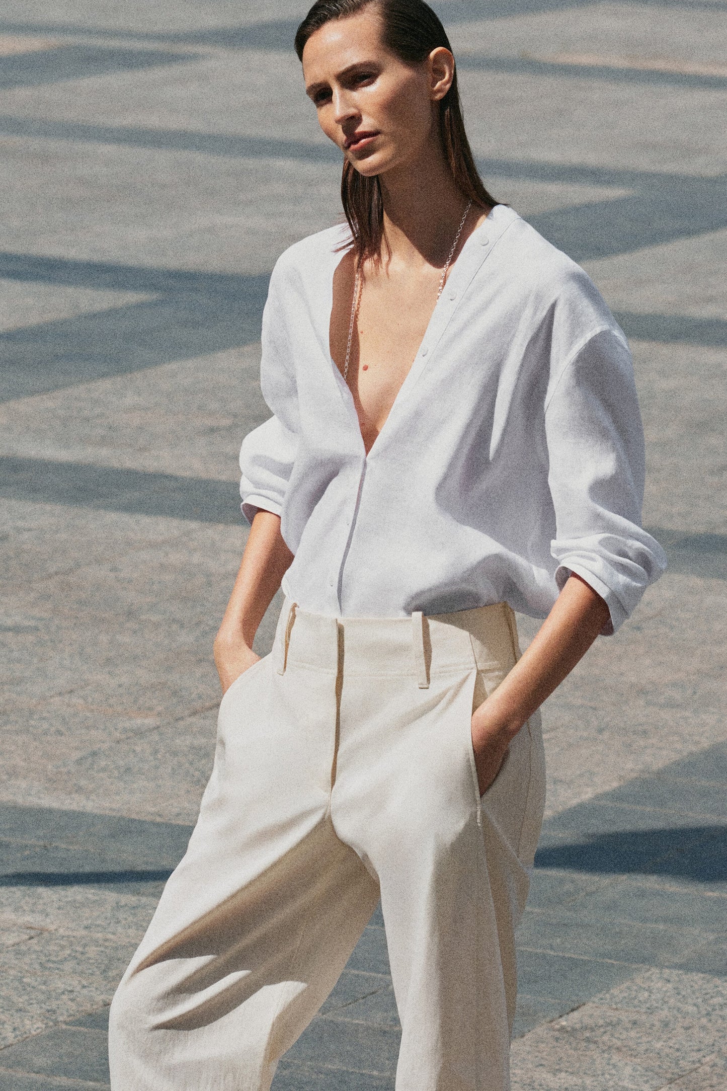 Button-Detail Linen V-Neck Shirt