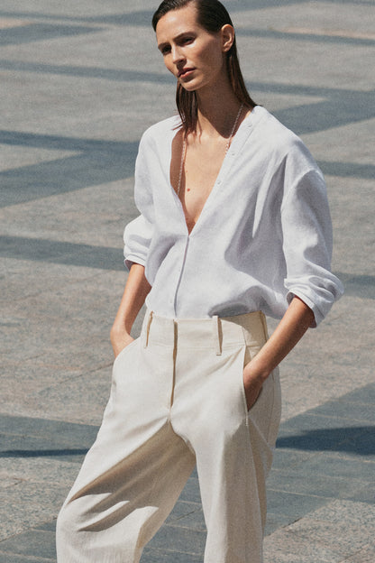 Button-Detail Linen V-Neck Shirt