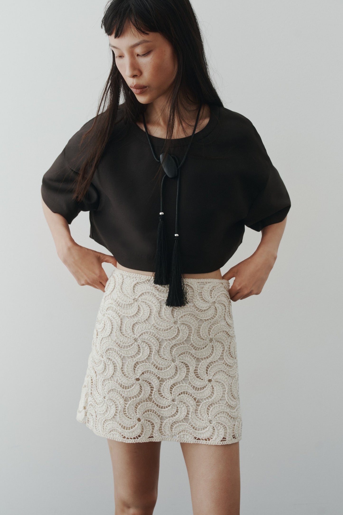 Beaded crochet-look skirt