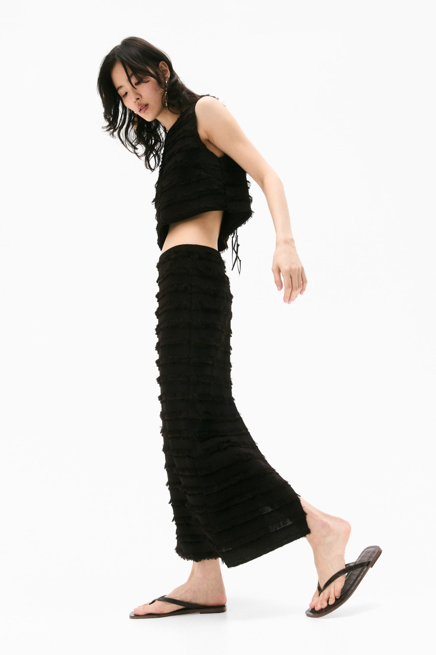 Fringe-trimmed midi skirt
