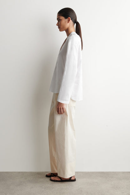 Button-Detail Linen V-Neck Shirt