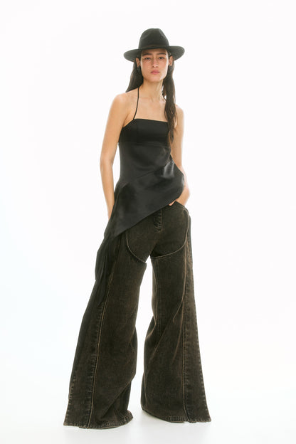 Asymmetric satin halterneck top