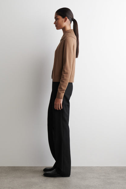 Layered merino wool high-neck cardigan