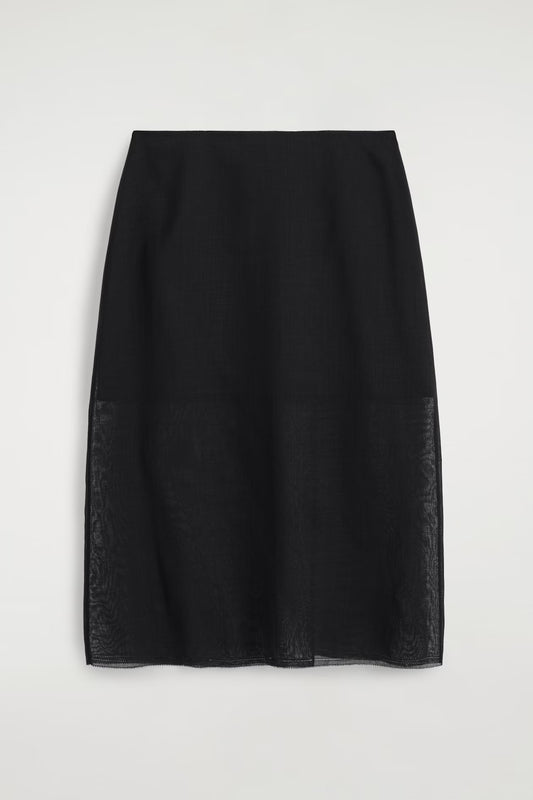 Semi-Sheer Layered Wool Midi Skirt