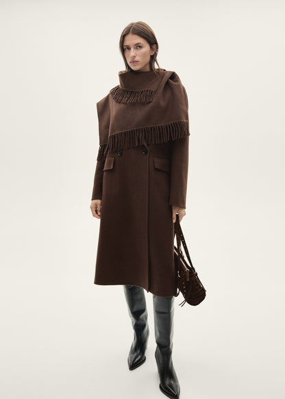 Wool coat with fringed scarf