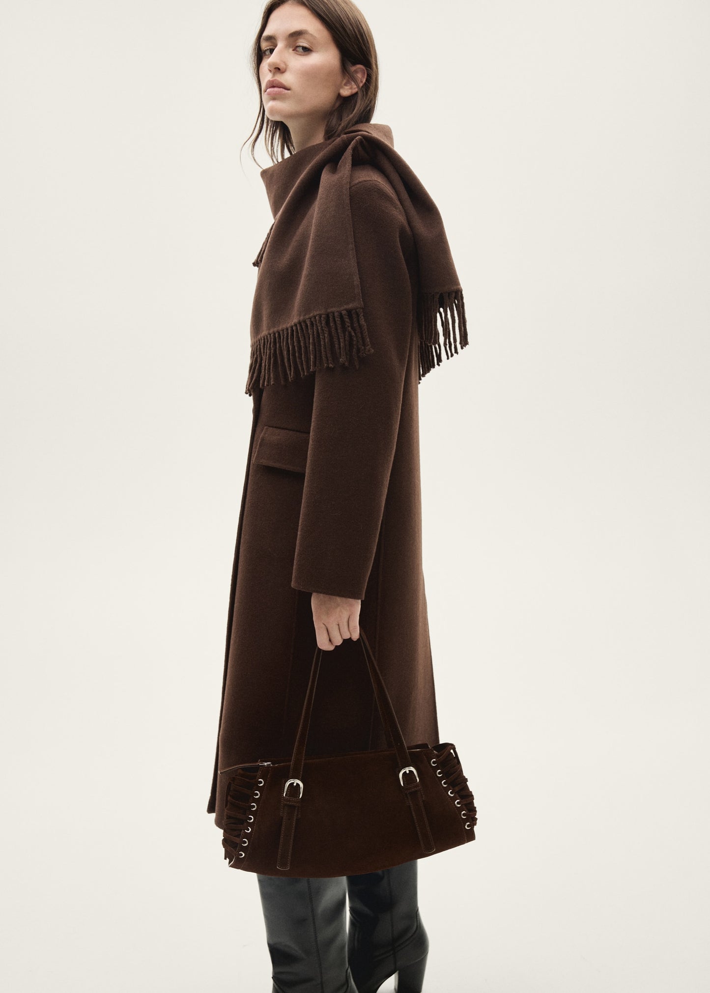 Wool coat with fringed scarf