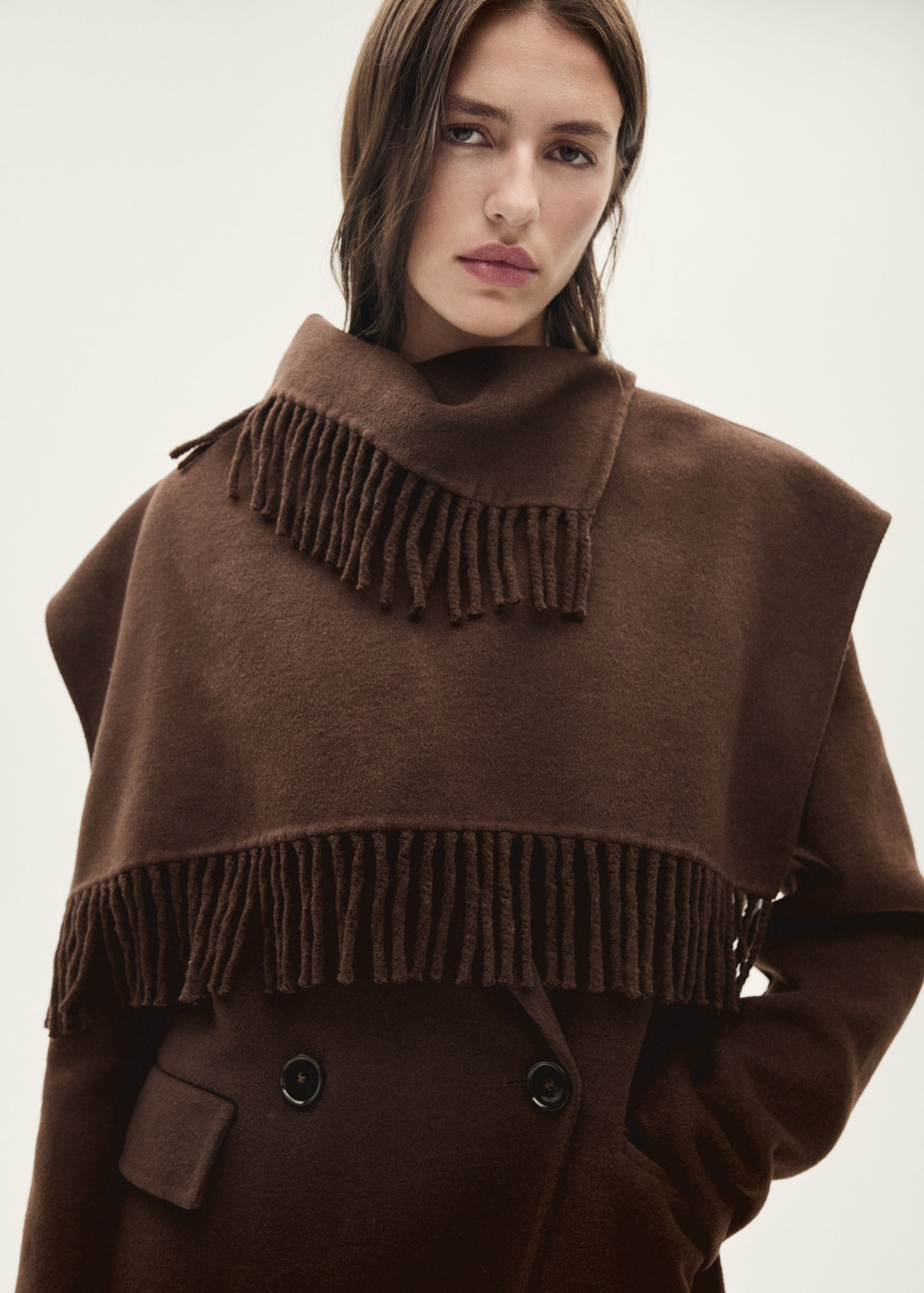 Wool coat with fringed scarf