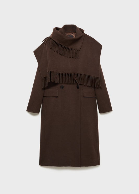 Wool coat with fringed scarf