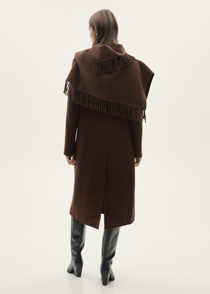 Wool coat with fringed scarf