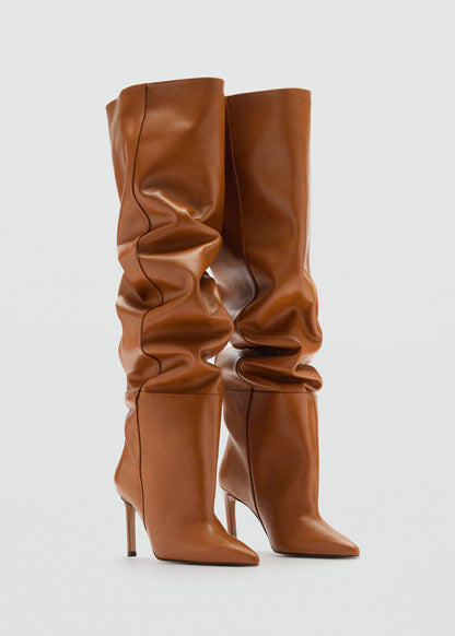 High leather boot with ruffled detail