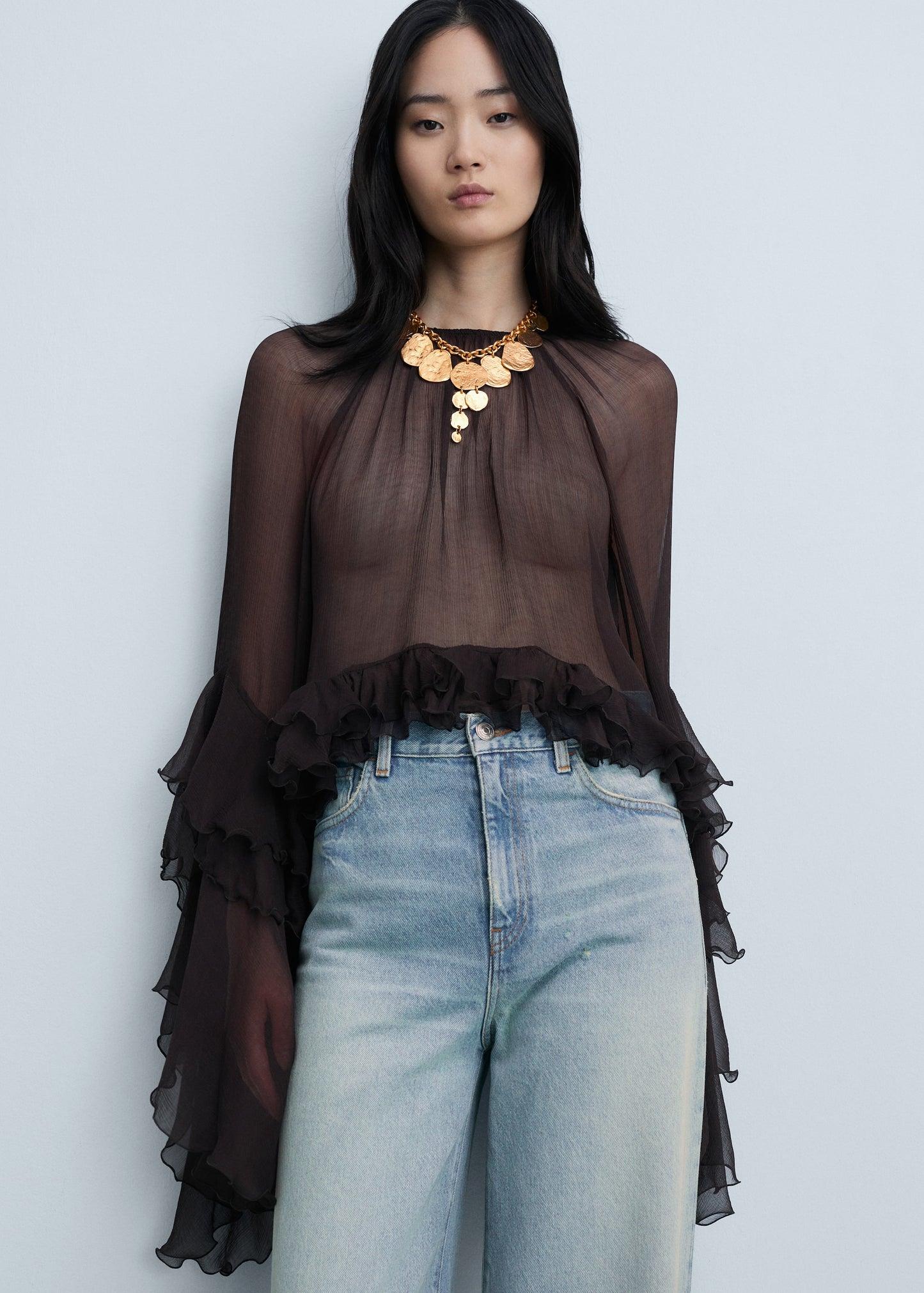 Chiffon crop blouse with ruffles