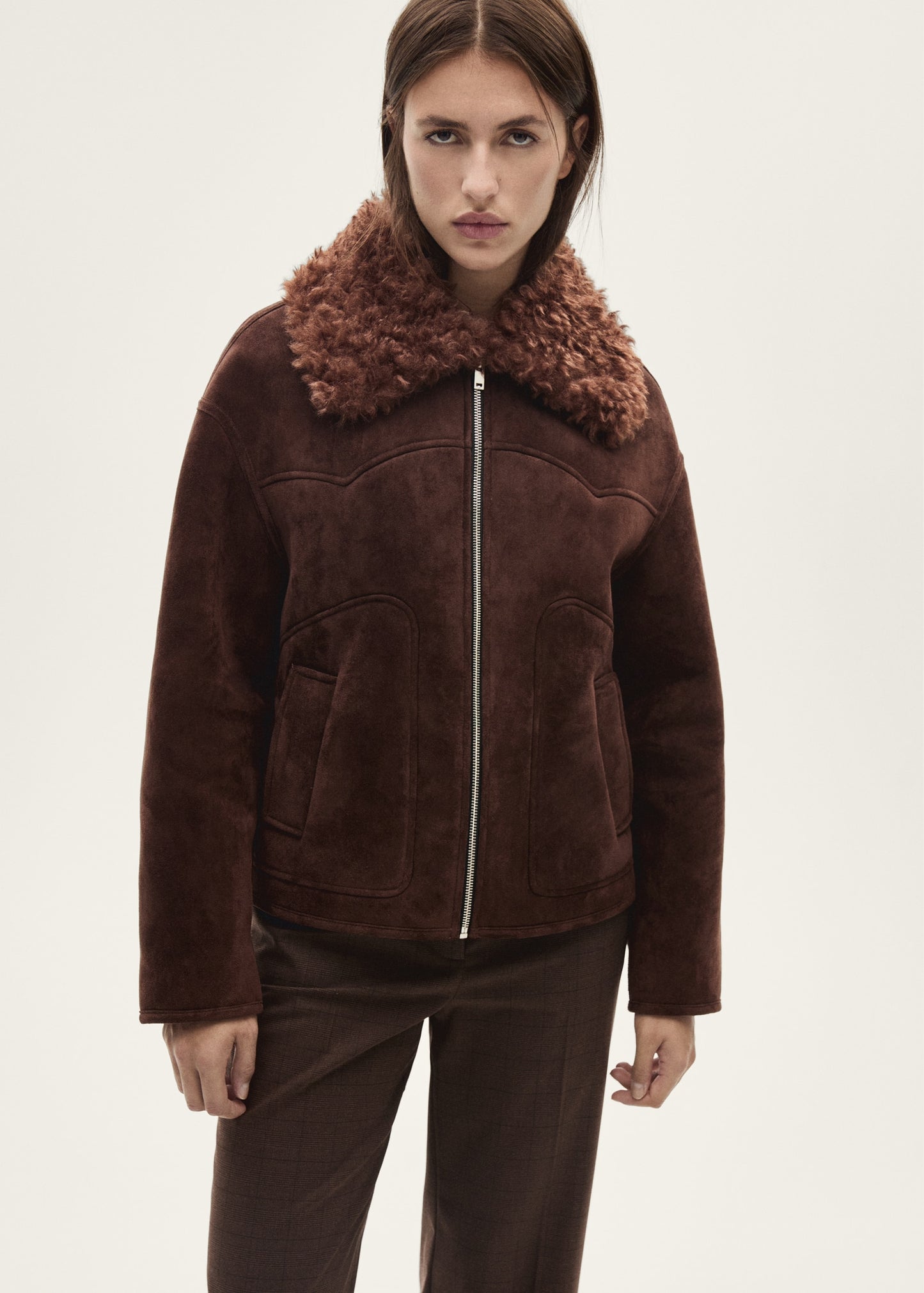 Suede effect shearling collar jacket