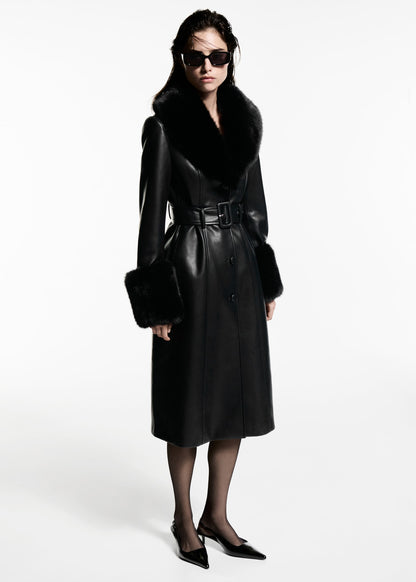 Leather-effect coat with fur-effect trim