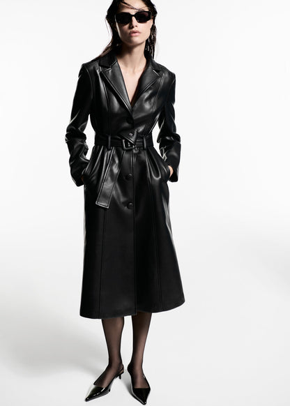 Leather-effect coat with fur-effect trim