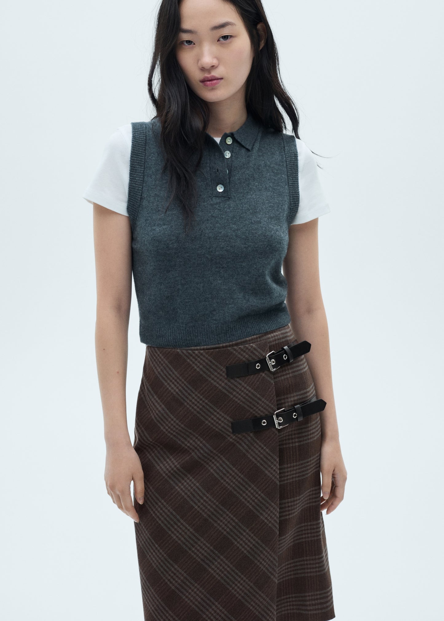 Check skirt with double belt