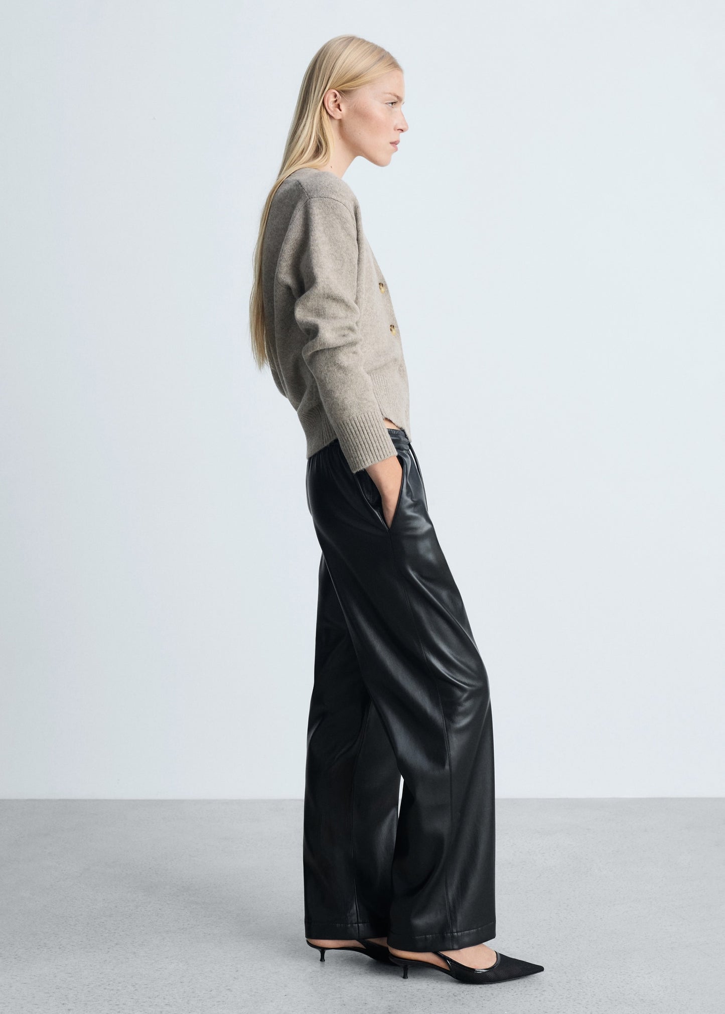 Leather-effect elastic waist trousers