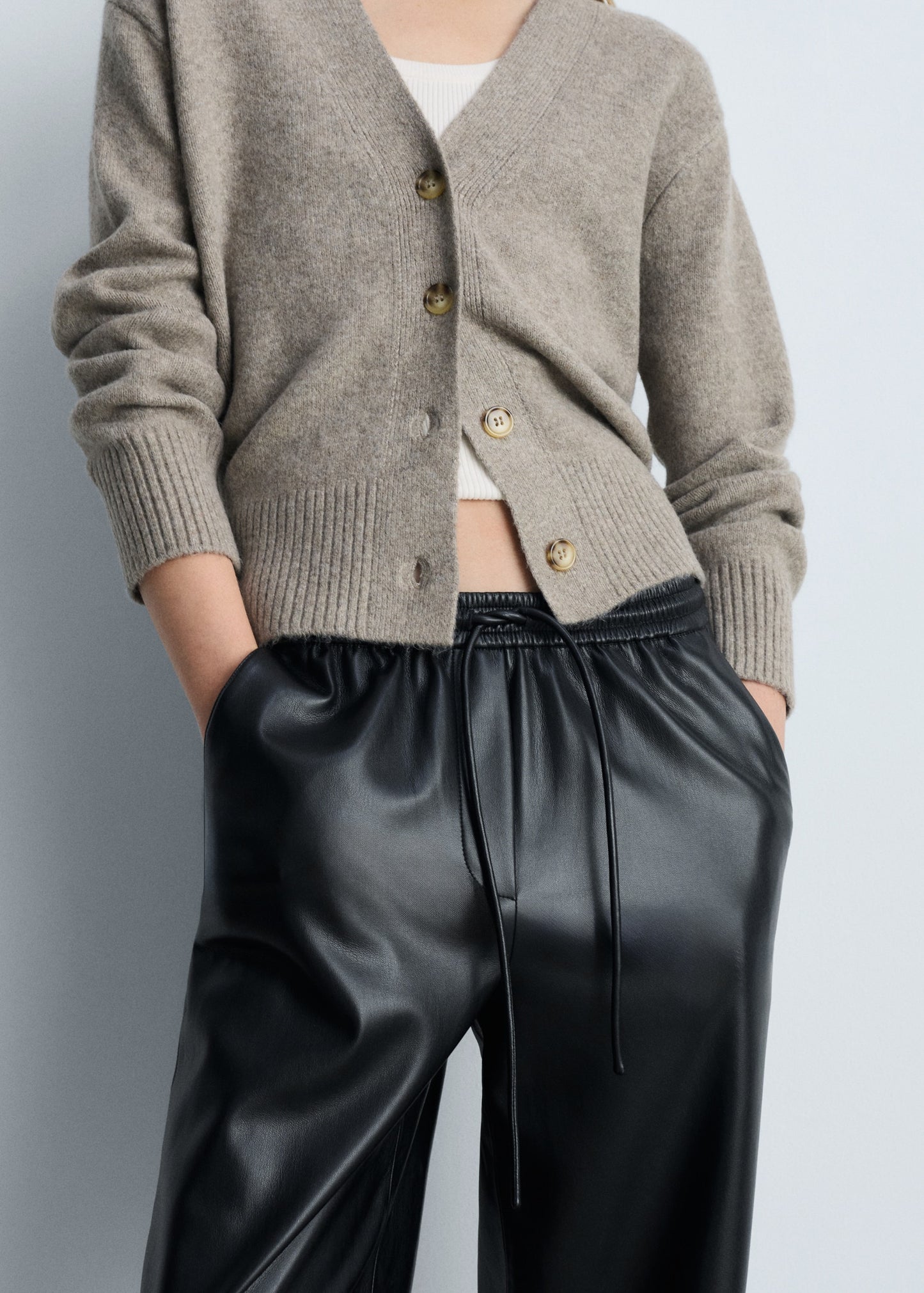 Leather-effect elastic waist trousers