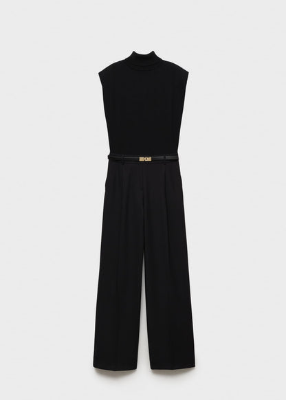 Shoulder padded jumpsuit with belt